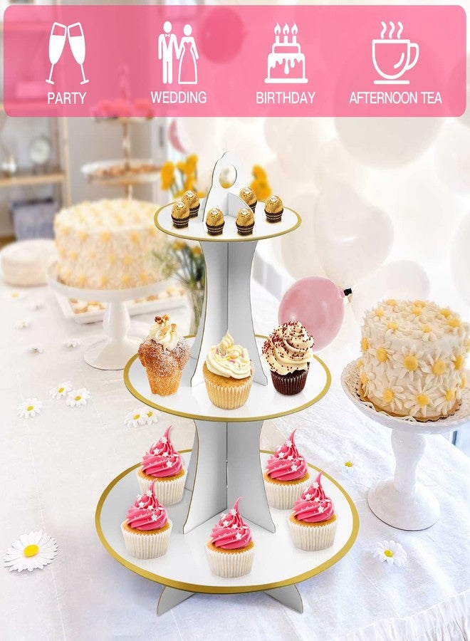 Soleebee 3-Tier Round Cupcake Stand, Cardboard Cupcake Tower, Dessert Cup Cake Stand Tower for Birthday Wedding Party Decoration, Cupcake Tier Stand 2 Set (White Gold) - Image 5